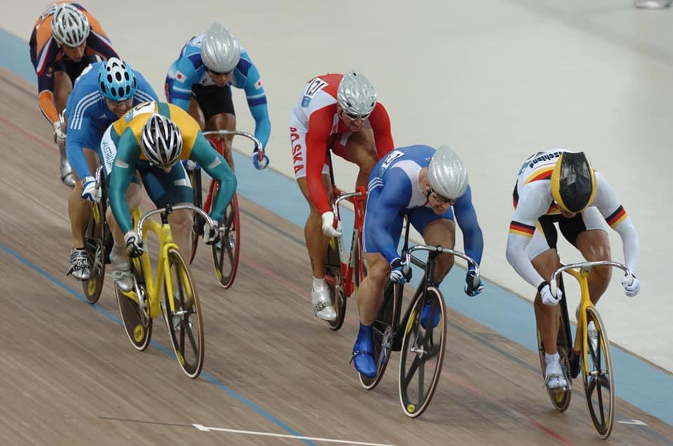 Keirin racing on the velodrome boards at the Olympic Games